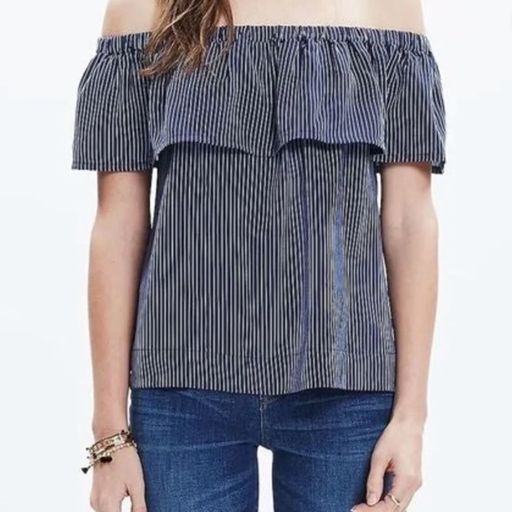Madewell 100% Silk Balcony Off-the-Shoulder Top - Navy Stripe